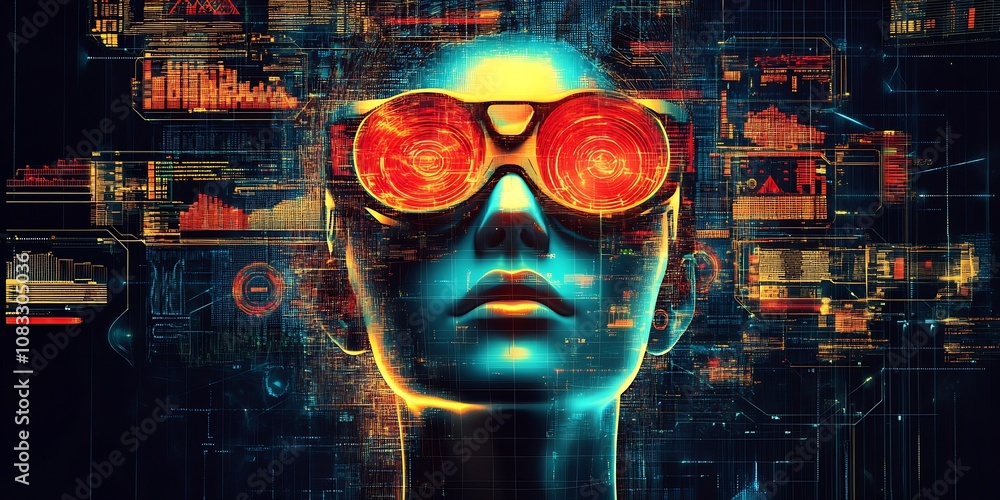Poster futuristic digital art of a woman wearing glasses with data visualization : generative ai