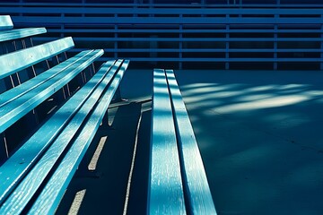 Obraz premium Bright blue bleachers under soft light at a sports arena during an afternoon gathering, creating a serene atmosphere. Generative AI