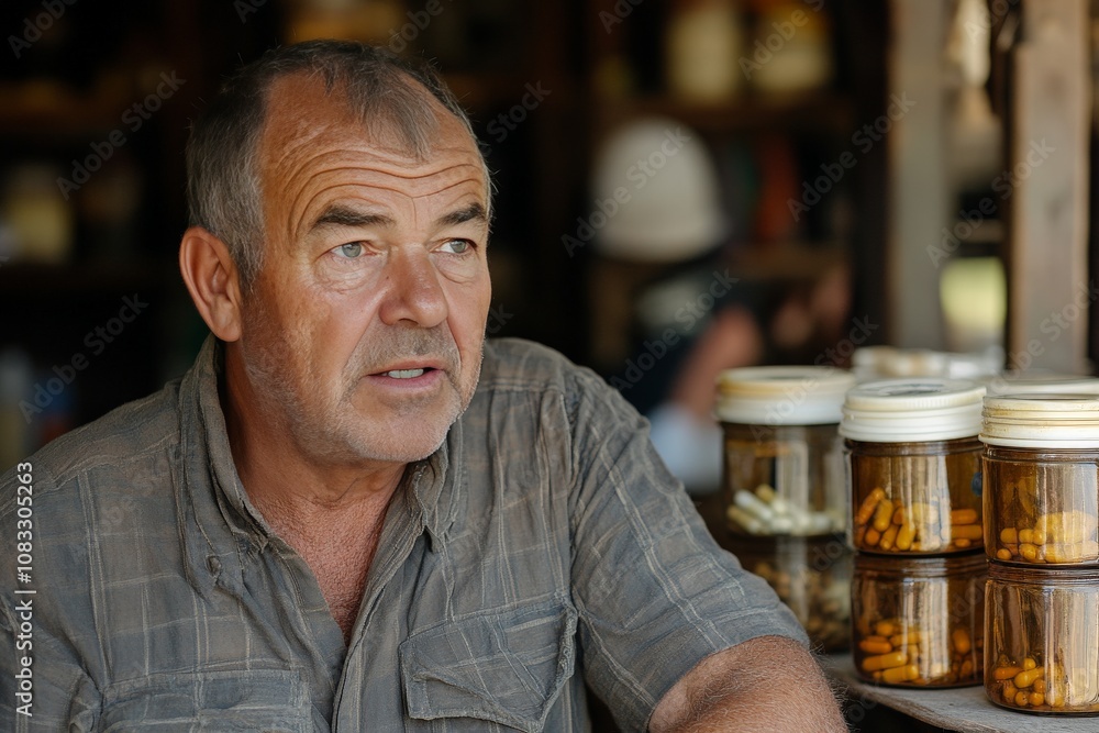 Poster middle aged man seated in a rustic environment with an intense expression surrounded by medicine bot