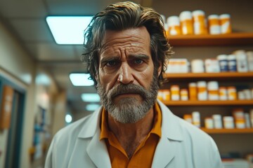 Fototapeta premium Elderly pharmacist in a brightly lit pharmacy surrounded by shelves of medications symbolizing expertise responsibility and dedication in the pharmaceutical profession