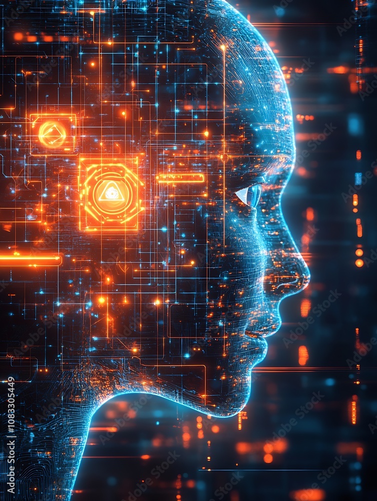 Poster side profile of artificial intelligence with complex digital circuit design : generative ai