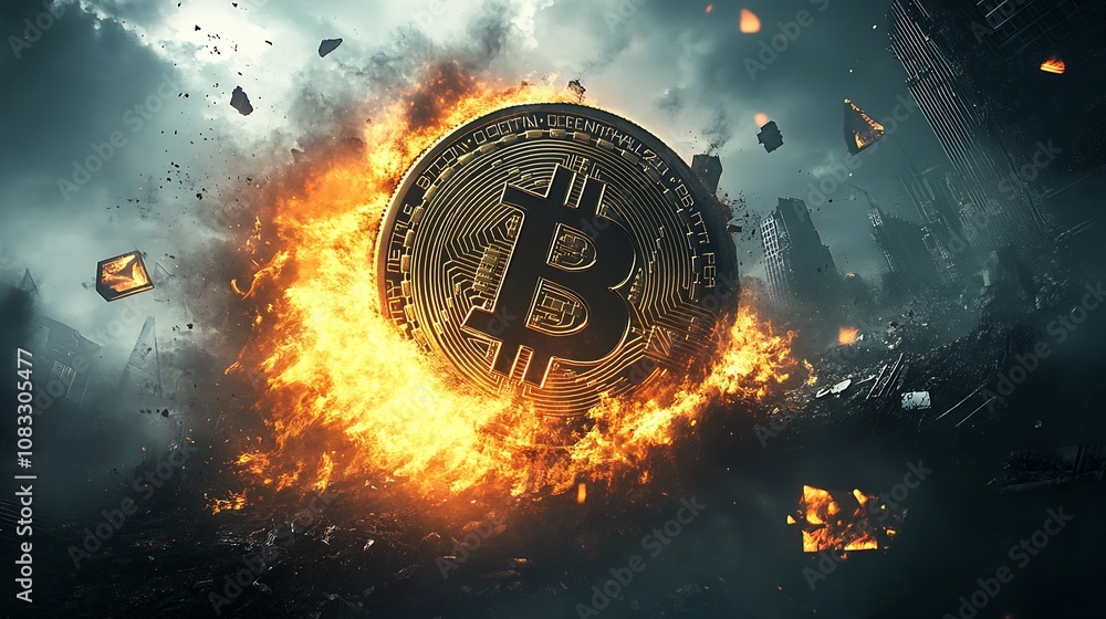 Poster bitcoin surrounded by flames in dark cityscape symbolizing market volatility : generative ai