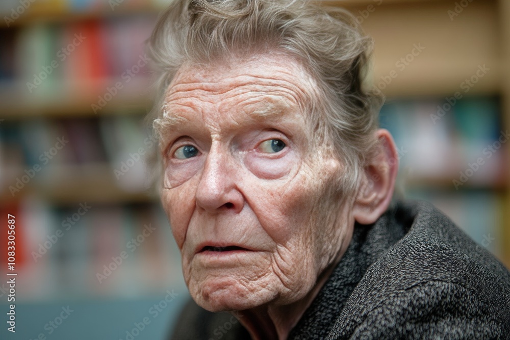 Poster elderly woman with short hair and a furrowed brow looking pensively at the camera set in a blurred l