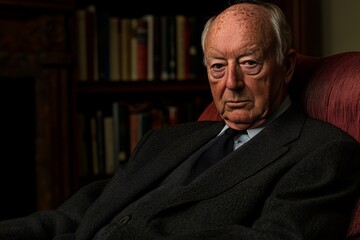Fototapeta premium Elderly man sitting in a dimly lit room wearing a dark suit and gazing intently evoking solemnity depth and introspection in an elegant and serene setting