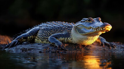 A crocodile basking on riverbank rocks under warm sun rays; this image highlights ancient reptilian features while capturing reflections off water surface--an iconic representation found throughout Af