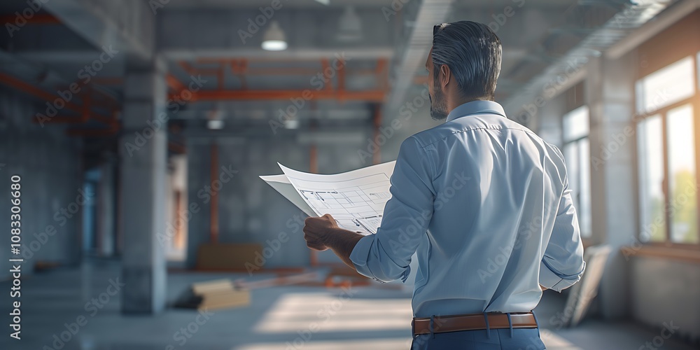Aufkleber professional architect inspecting blueprints in modern construction environment : generative ai