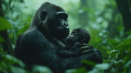 Naklejka premium A young gorilla playing with its mother in a lush forest setting, showcasing their close-knit family dynamics and playful behavior. This intimate moment highlights the intelligence and emotional depth