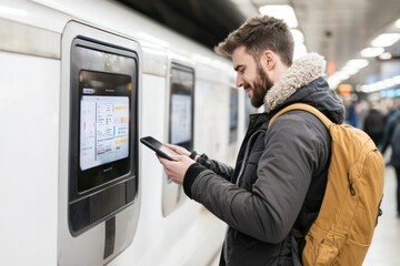 Man using smartphone at subway station urban setting digital interaction contemporary environment candid moment technology impact