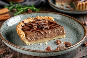 Chocolate tart with a creamy sliced center surrounded by pecans on a rustic plate evoking themes of indulgence richness and artisanal baking in a warm setting