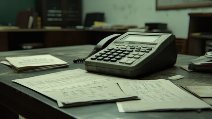 Vintage Office Scene with Retro Calculator and Papers on Wooden Desk