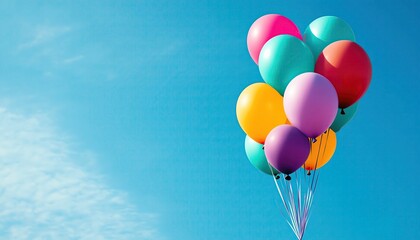 Fototapeta premium Colorful balloons floating against a bright blue sky, symbolizing joy and celebration.