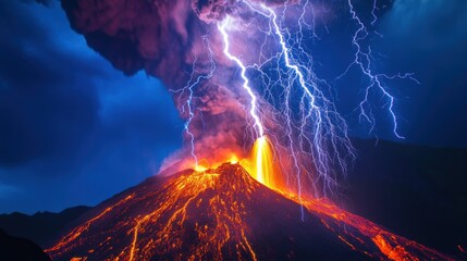 A time-lapse photograph of a volcanic lightning storm over an active volcano, Volcanic storm scene, Time-lapse style