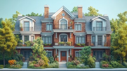 Fototapeta premium Elegant brick apartment building surrounded by lush greenery.