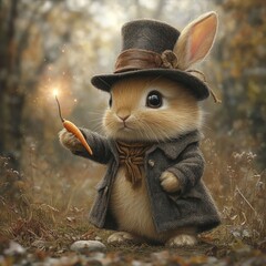A cute rabbit wearing a top hat and holding a magic carrot stick in a forest setting.