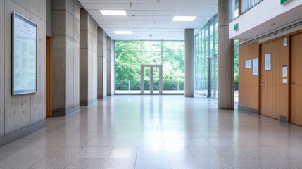Fototapeta premium Spacious Modern Hallway with Natural Light and Green View Through Large Windows, Featuring Concrete Walls and Wooden Doors in Contemporary Architectural Design