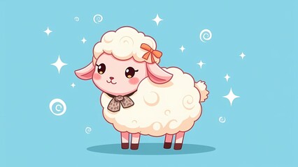 Obraz premium Charming cartoon lamb illustration with a playful expression, set against a light blue, star-studded background.
