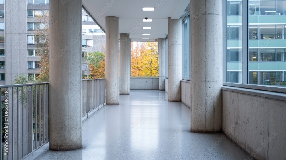 Poster modern architectural corridor with concrete columns and large windows showcasing urban landscape and