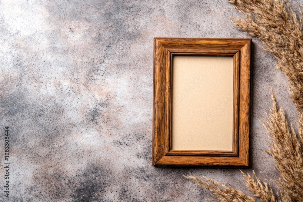 Poster empty frame display artistic studio photograph rustic environment top view creative concept