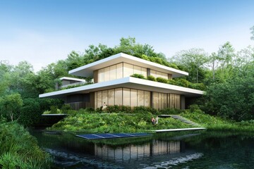 Fototapeta premium Modern architectural design serene landscape residential building eco-friendly environment aerial view sustainable living