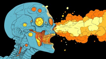 Naklejka premium Cybernetic Skull Exhaling Fire Digital Art Futuristic Illustration