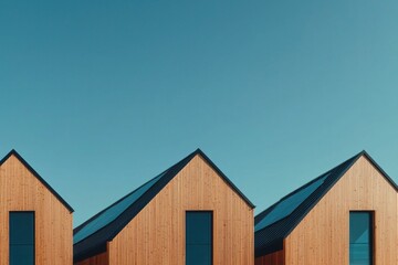 Fototapeta premium Architectural detail of modern wooden houses urban setting real estate photography clear sky front view sustainable design