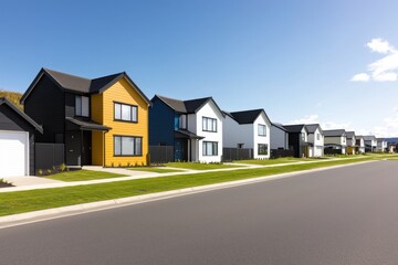 Modern housing development suburban area real estate photography clear sky street view urban living