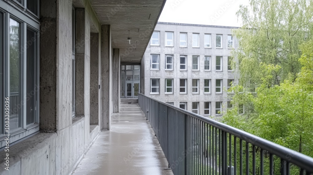 Poster modern architecture of a concrete building with a wide balcony overlooking lush green trees and an u