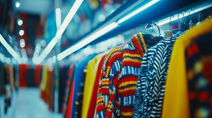 Colorful array of cozy sweaters hanging in a vibrant boutique showcasing various patterns and textures for the perfect winter wardrobe selection