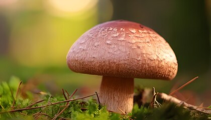 Natural macro shot. Macro of mushroom cap, fine texture detail, woodland setting, 3D illustration.