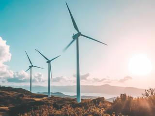 Ai-Generated image of Three wind turbines are standing on a hillside, with the sun shining brightly in the background. Concept of energy and sustainability