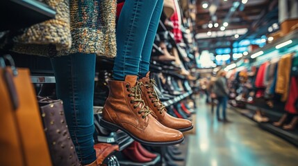 Obraz premium Stylish brown leather boots on display in a modern retail store surrounded by a variety of fashionable shoes, bags, and clothing, showcasing a trendy shopping experience