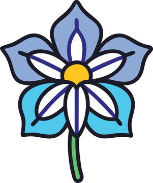 recommend clip art: Blue and White Flower with Yellow Center Illustration, Stylized vector illustration of a blue and white flower with a yellow center and bold outlines, ideal for decorative and floral designs.  
                    