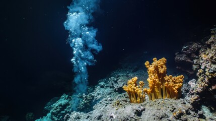 An awe-inspiring view of a deep-sea hydrothermal vent teeming with life, Deep-sea scene, Atmospheric style