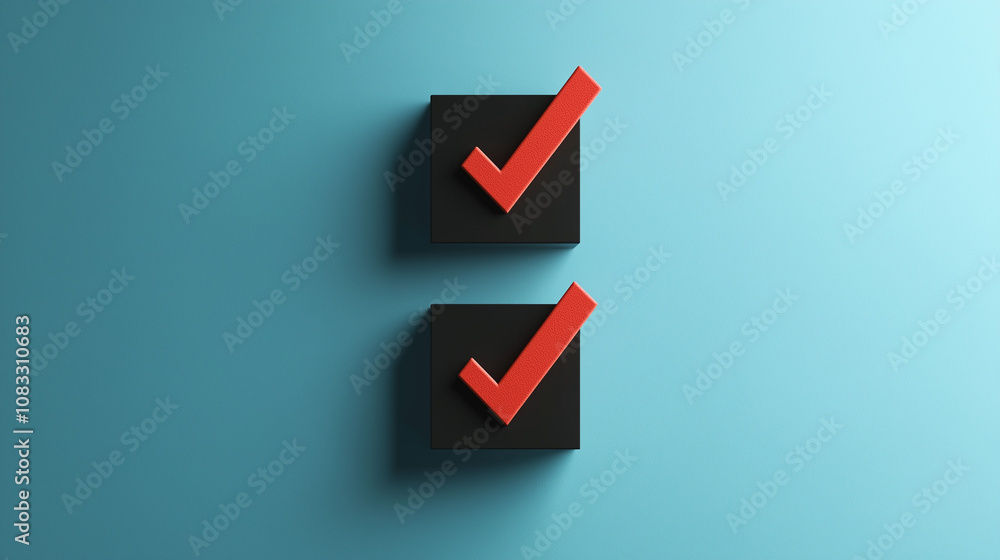 Poster two black check marks on blue background symbolizing validation