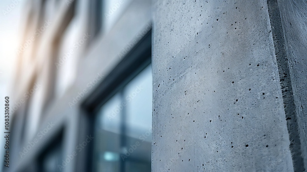 Poster close-up view of raw concrete texture on modern building exterior with blurred background, showcasin
