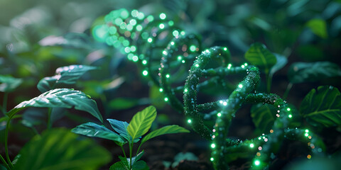 DNA Helix with Glowing Bioluminescence in Nature, Genetic Modification Concept in Plant EnvironmentDNA Helix with Glowing Bioluminescence in Nature, Genetic Modification Concept in Plant Environment