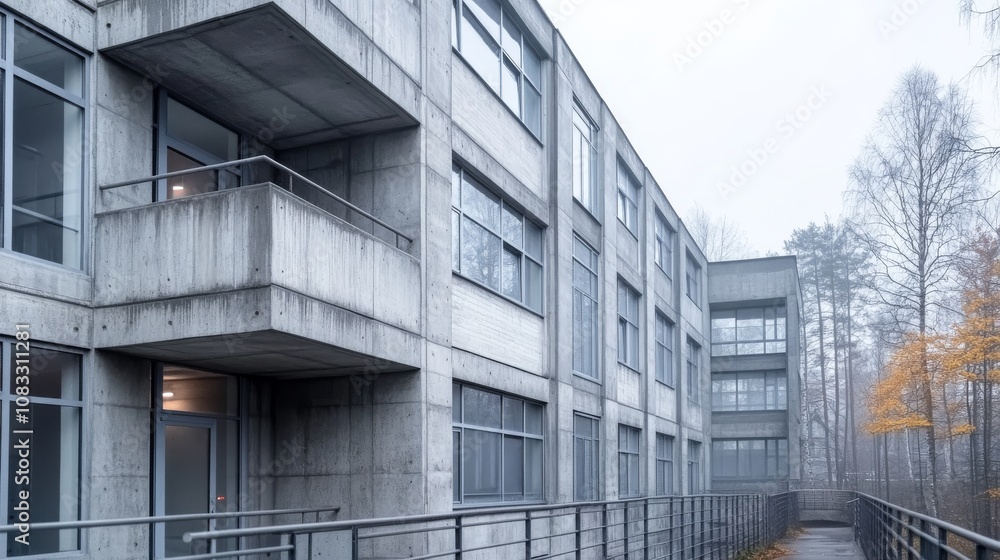 Poster modern architectural structure in a misty environment featuring raw concrete facade and large window