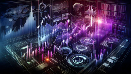 Fototapeta premium A wide-angle view of a multi-layered digital trading board with intersecting line and bar charts on2
