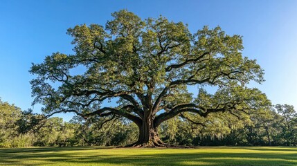 Fototapeta premium Majestic oak tree with sprawling branches, against a clear blue sky, capturing the strength and grandeur of nature