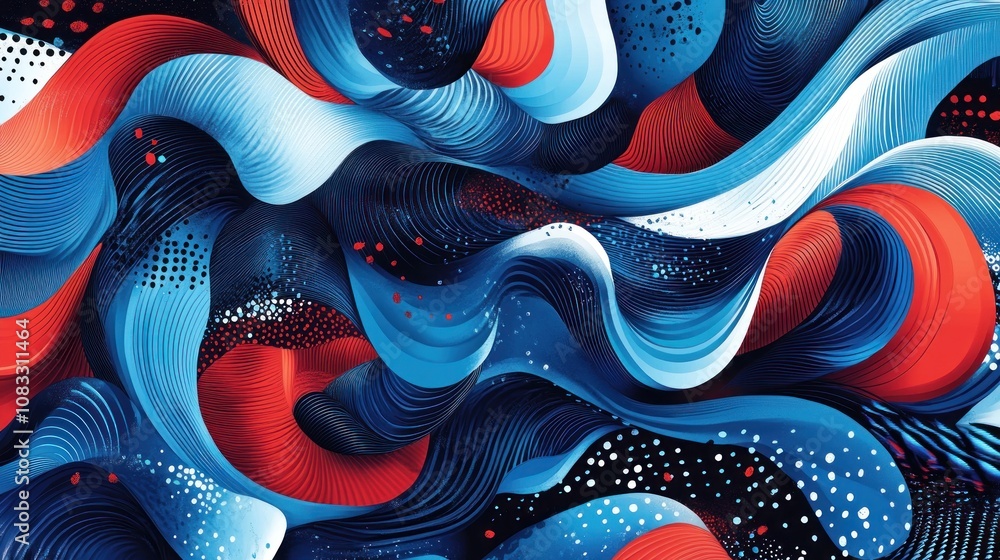 Poster abstract swirling patterns in vibrant red, blue, and white colors create a dynamic visual flow.