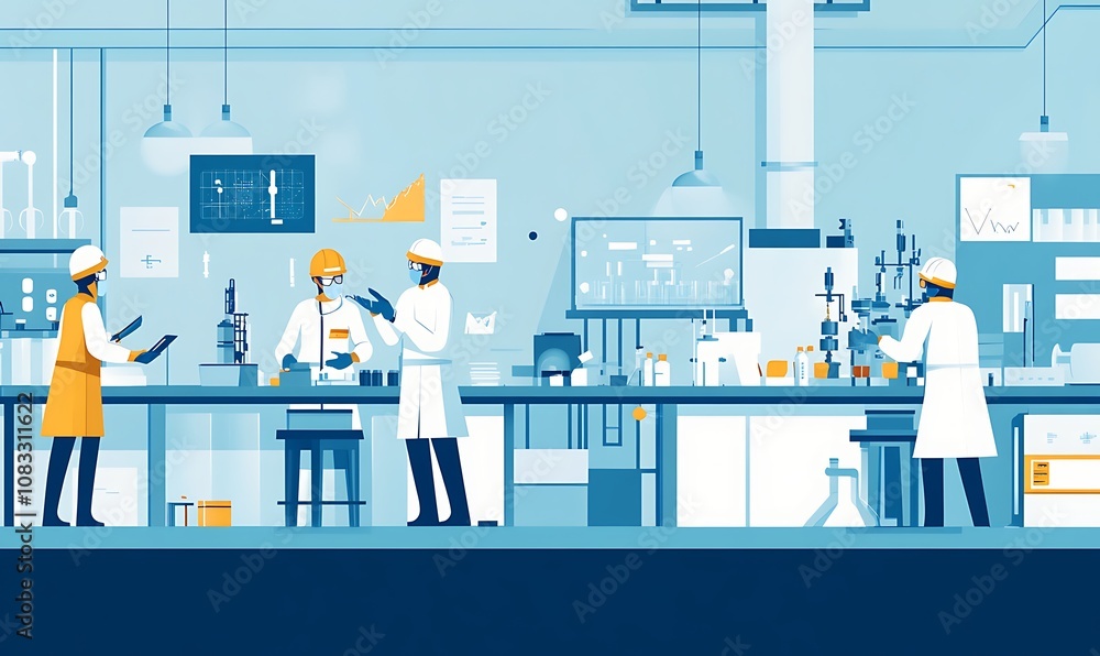 Poster a modern laboratory scene with scientists conducting experiments and analyzing data.