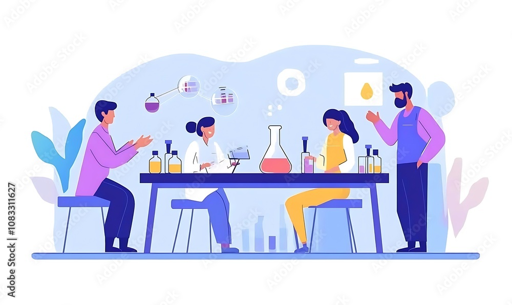 Poster a group of four individuals engaged in a scientific experiment in a lab setting.