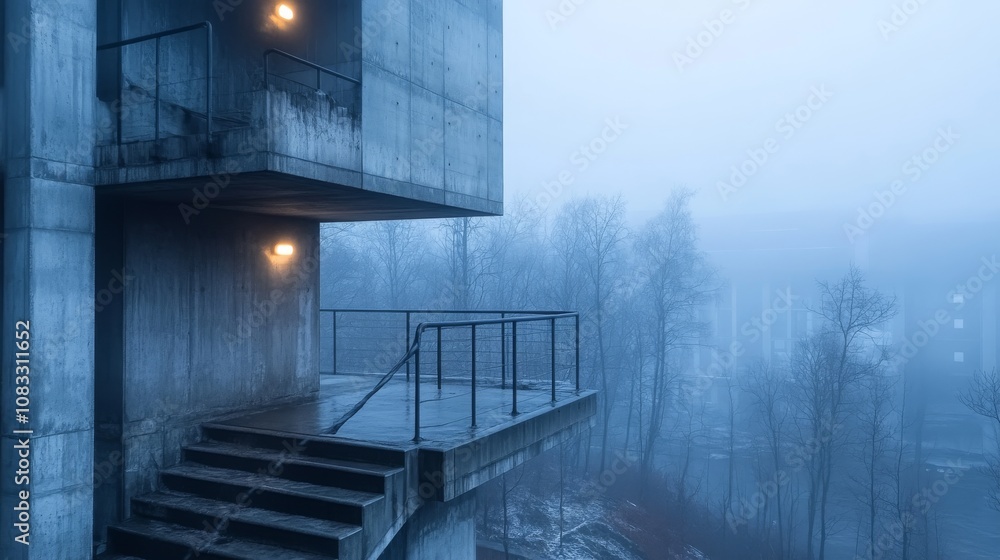 Poster foggy urban landscape with modern architectural structure and mysterious atmosphere captured at dusk