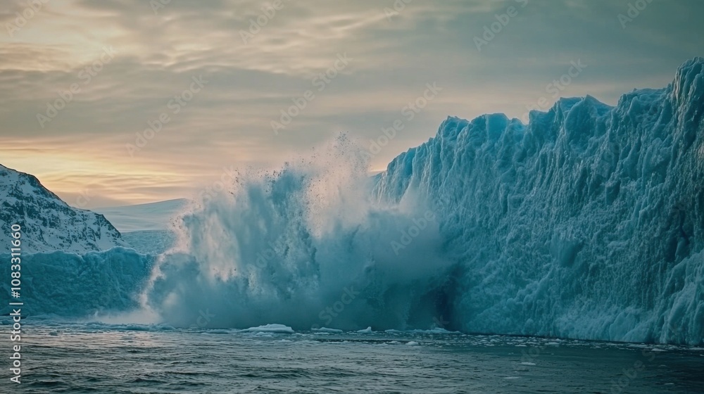 Poster an awe-inspiring view of a massive glacier calving into a fjord under the shimmering lights of the a