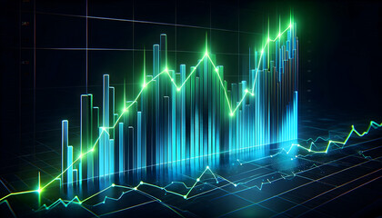 Fototapeta premium A neon trading graph with glowing green and blue bars, showing a steep upward trend on a black back3