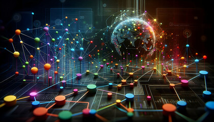 Obraz premium A network-style trading graph with colorful nodes and interconnected lines in vibrant colors on a f1