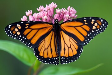 Obraz premium Monarch butterfly resting on a pink flower during a sunny day in a blooming garden. Generative AI