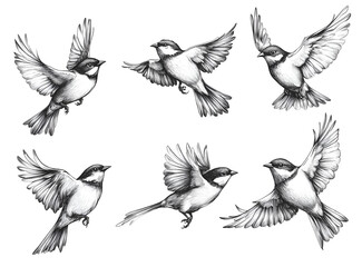 Obraz premium set of bird flying drawings in black ink on a white background,
