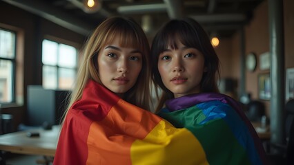 Obraz premium Two men in an intimate pose wrapped in LGBT rainbow flag, symbolizing love and pride.