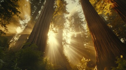 Obraz premium Redwood tree forest with towering trunks, sunlight streaming through, emphasizing the majesty of ancient woodlands